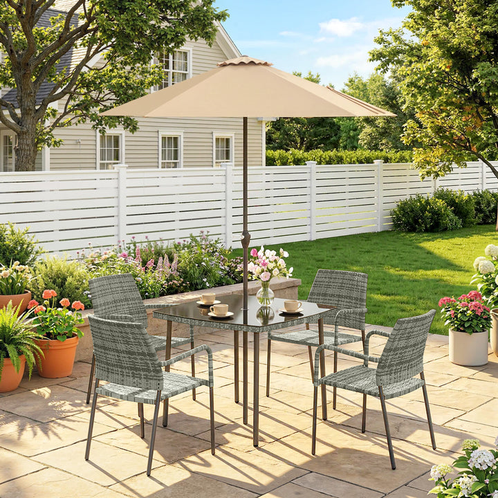 4 Seater Rattan Dining Set with Parasol, 6 Piece Garden Table and Stac