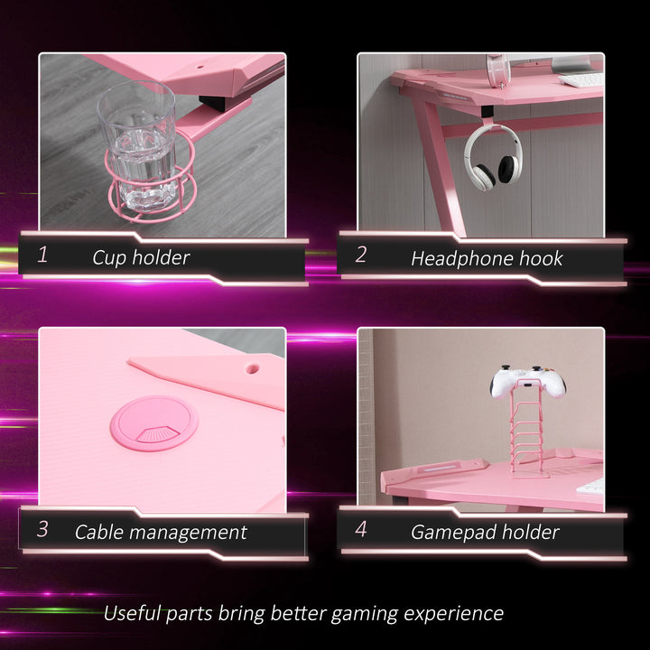 HOMCOM Gaming Desk, Ergonomic Home Office Desk, Gamer Workstation Racing Table, with Headphone Hook and Cup Holder, 122 x 66 x 86cm, Pink