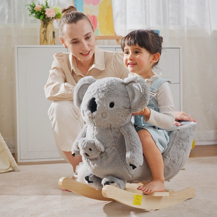 Kids Toddler Rocking Horse Plush Ride On Koala Rocker Wooden Base Seat Safety Belt w/ Gloved Doll Toy for 18-36 Months Grey