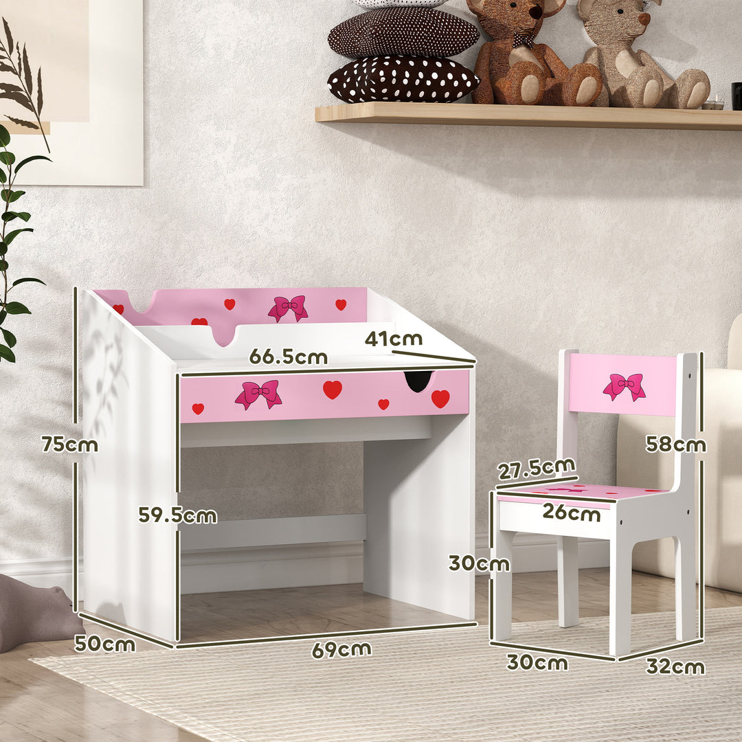 AIYAPLAY Children Study Table and Chair, Kids Desk and Chair Set with Storage, Pull-Out Drawer, for Ages 3-6 Years, Pink