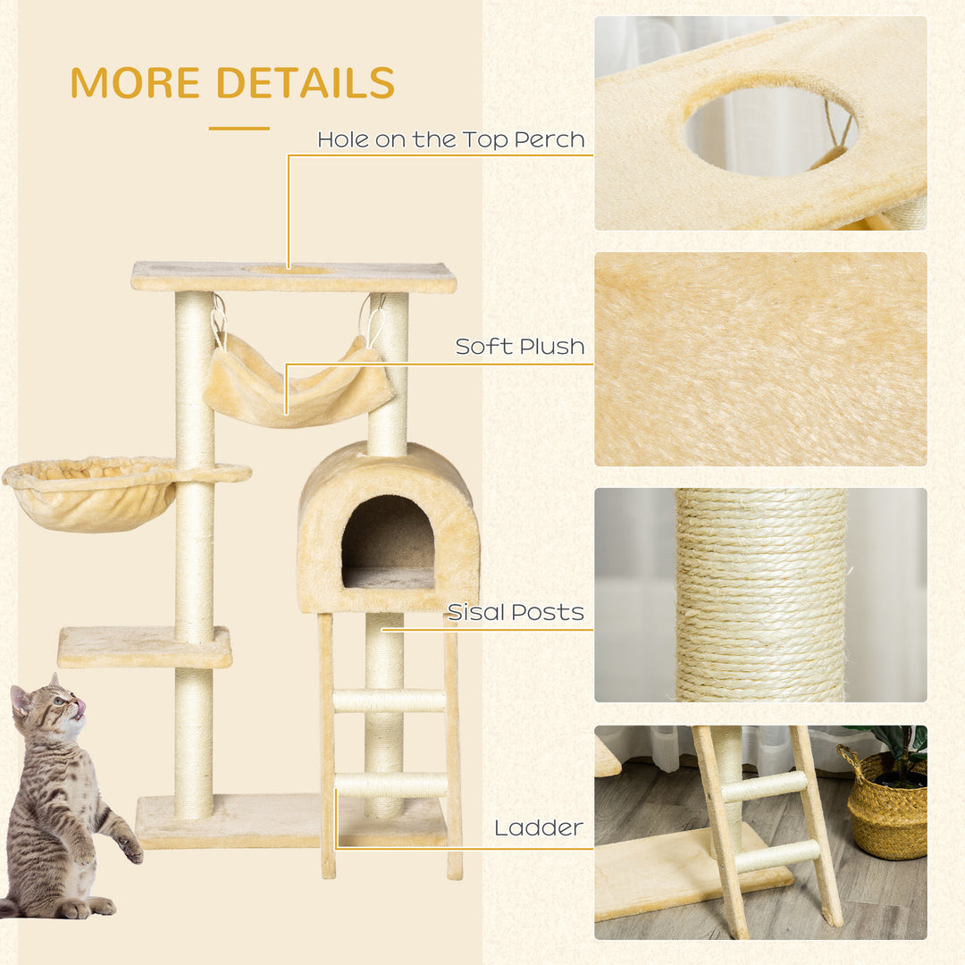 PawHut Cat Tree with Scratching Post, Hammock, Condo, Basket, Ladder Activity Centre for Kittens, 98 cm, Beige | Aosom UK