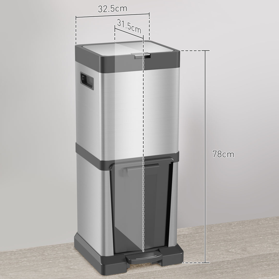 HOMCOM Dual Kitchen Bin, 20+14L Double Bin for Recycling and Waste, Stainless Steel Vertical Pedal Bin w/ Tilt Out Bin, Soft-Close Lid | Aosom UK