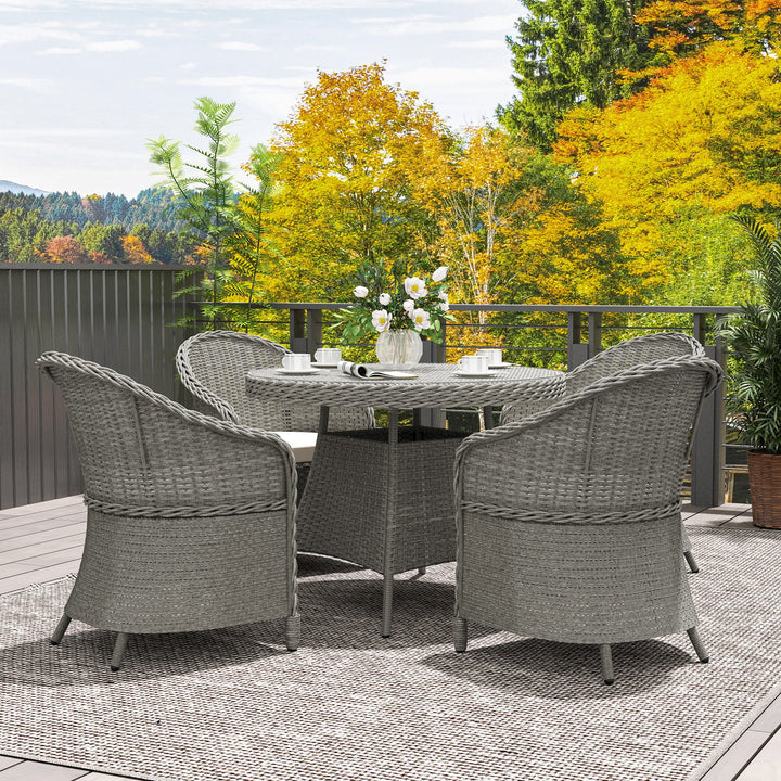 4 Seater Rattan Garden Furniture Set with Cushions, Round PE Rattan Dining Set with Glass-Top Table, Umbrella Hole, Outdoor Garden Table and Chairs, Grey