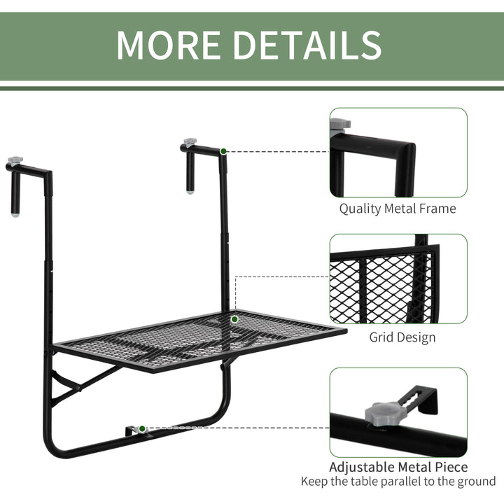 Outsunny Adjustable Folding Balcony Table, Metal Wall Mounted Desk for Patio, Garden, Deck, Black