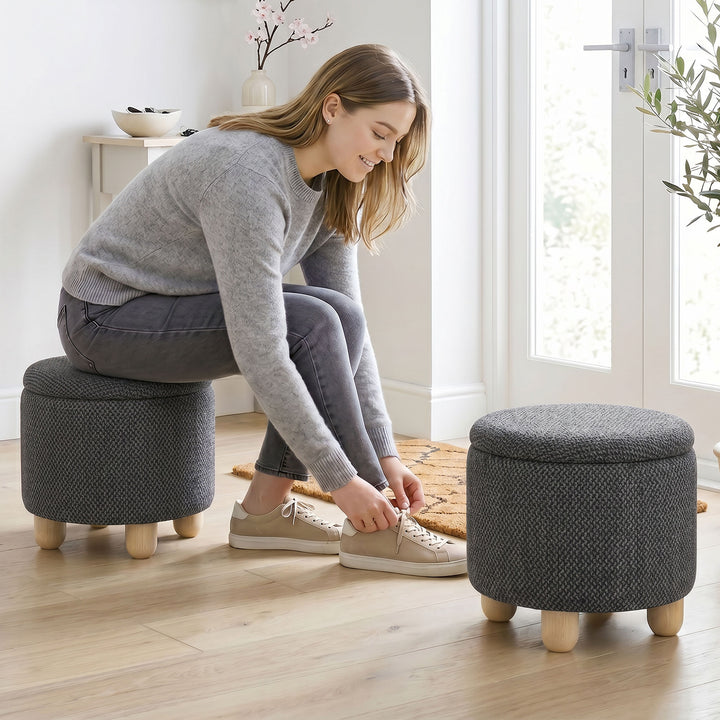 Storage Sitting Bench with Lid, Round Storage Ottoman with Rubberwood 