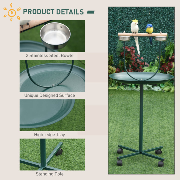 MCL Bird Perch Stand with Four Wheels, Feeding Bowls, for Small, Medium Birds, Green