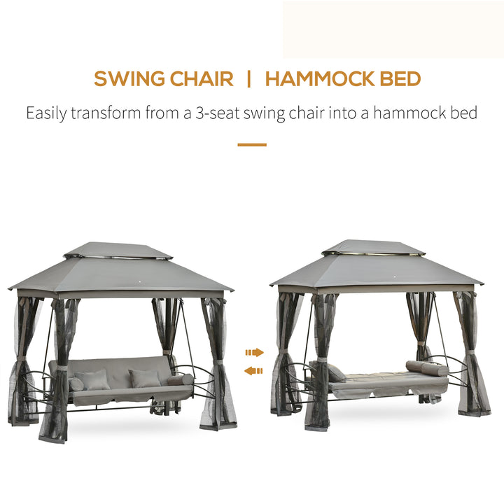 3 Seater Swing Chair 3-in-1 Convertible Garden Swing Seat Bed Gazebo Patio Bench Outdoor with Double Tier Canopy, Cushioned Seat, Mesh Sidewalls, Grey
