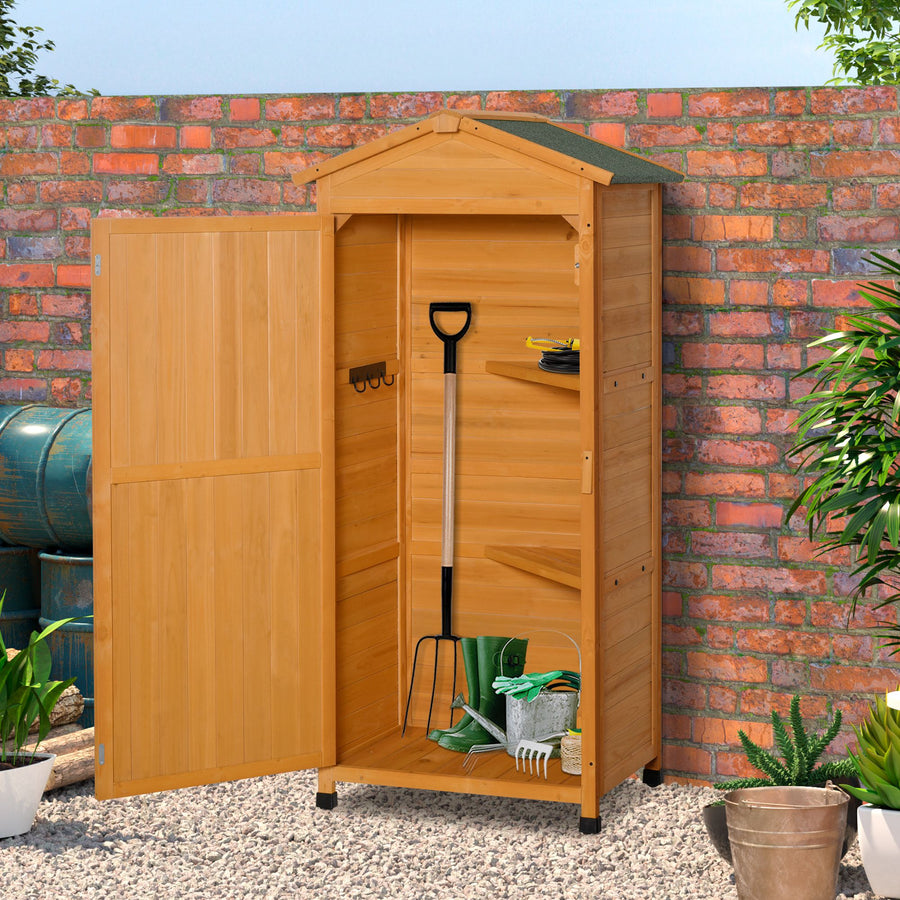Wooden Garden Shed, Outdoor Storage Cabinet with 2 Shelves and Hooks, Locking Organiser Outdoor Narrow Tool House, 74x55x155cm, Yellow