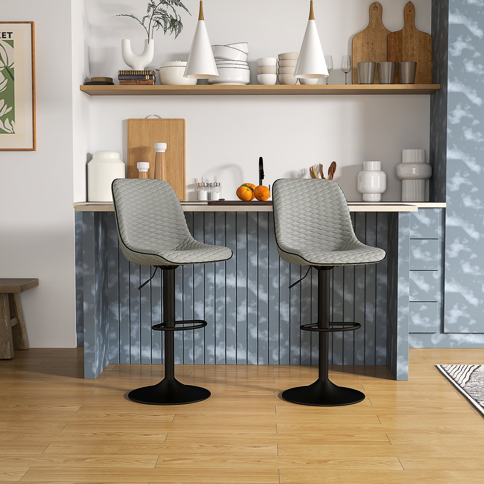 Set of Two Faux Leather Bar Stools - Grey