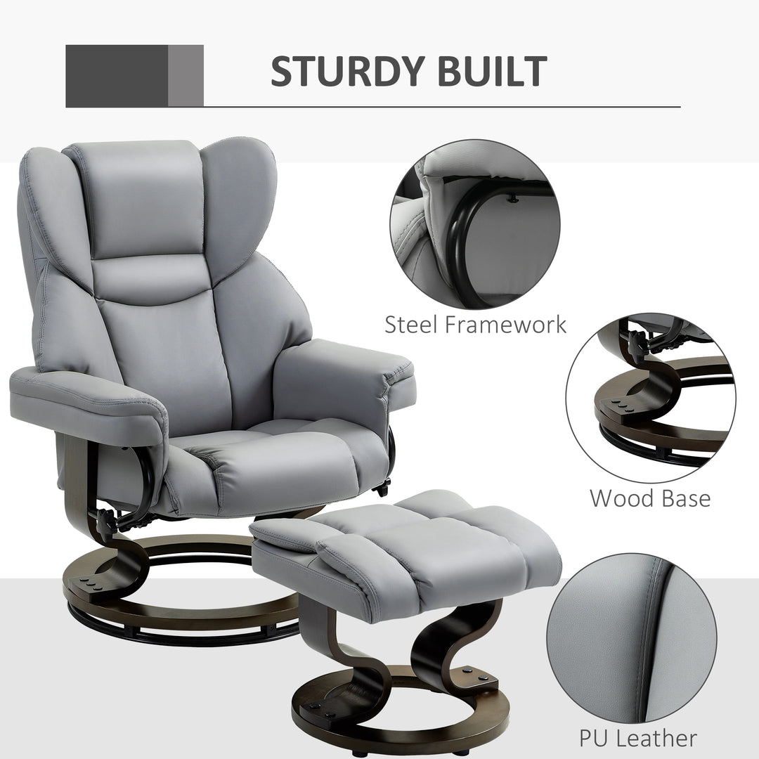 360° Swivel Recliner Chair with Footstool, PU Leather Manual Recliner Armchair with Solid Wood Base, Upholstered Reclining Chair for Living Room, Bedroom, Office, Light Grey