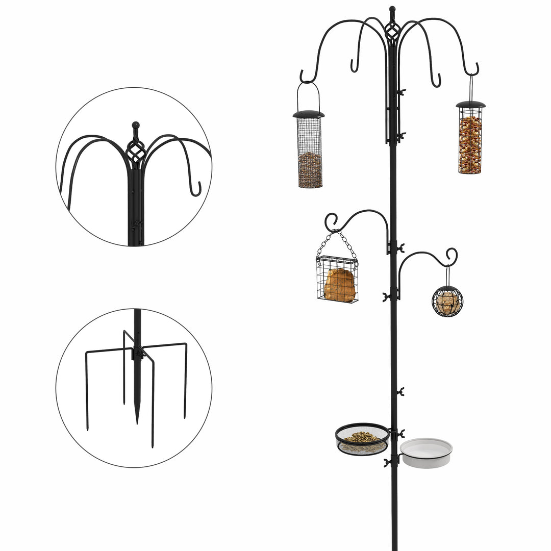 MCL Bird Feeding Station Kit, Wild Bird Feeder Pole with 6 Hooks, 4 Hanging Feeders for Peanuts, Seed, Fat Balls, for Garden, Outdoor, Black