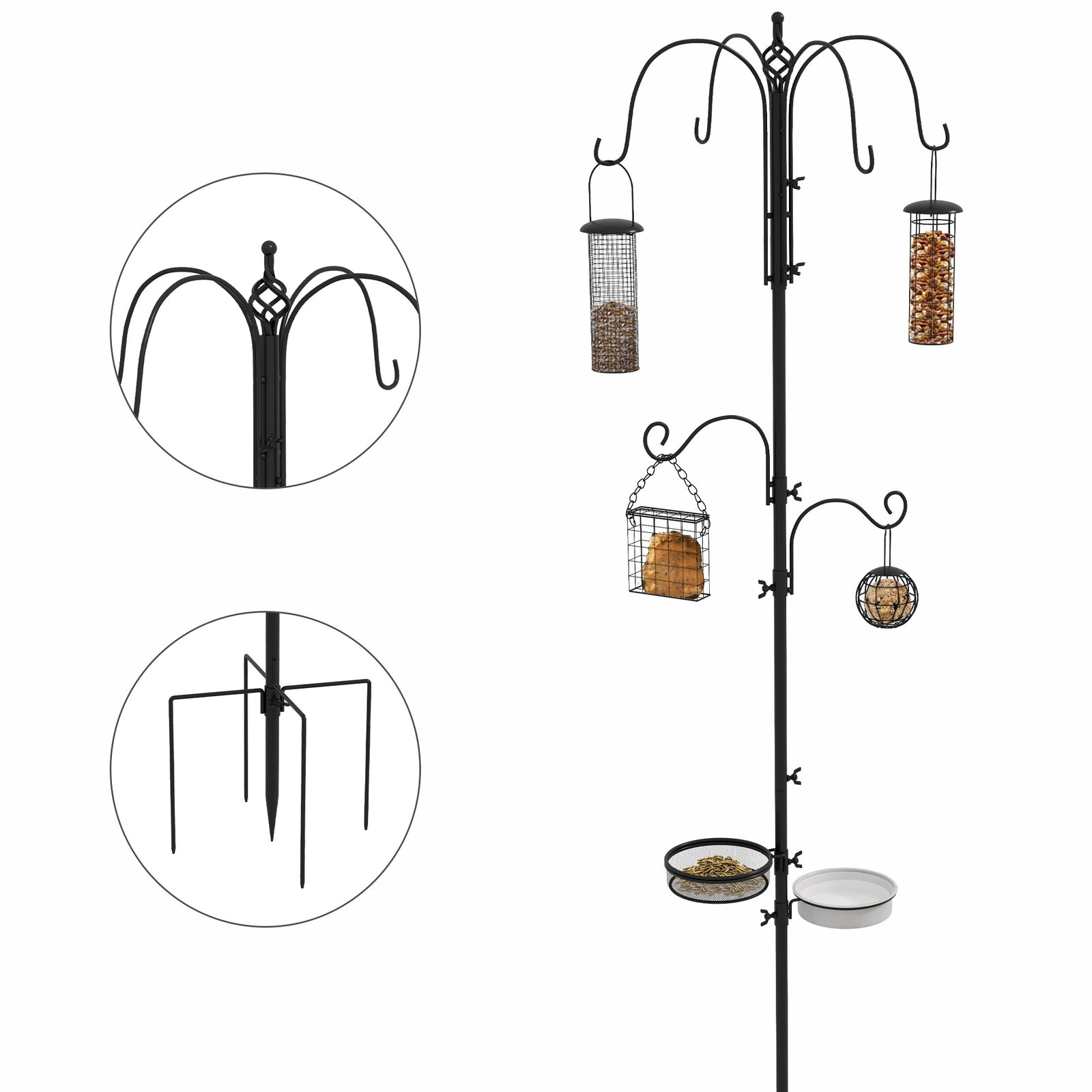 Bird Feeding Station Kit, Wild Bird Feeder Pole with 6 Hooks, 4 Hanging Feeders for Peanuts, Seed, Fat Balls, for Garden, Outdoor, Black