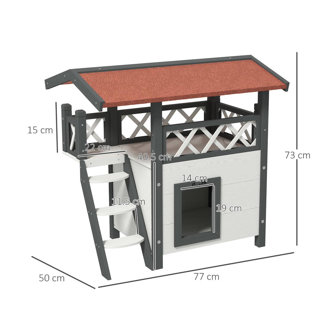 PawHut Cat House Outdoor w/ Balcony Stairs Roof, 77 x 50 x 73 cm, White