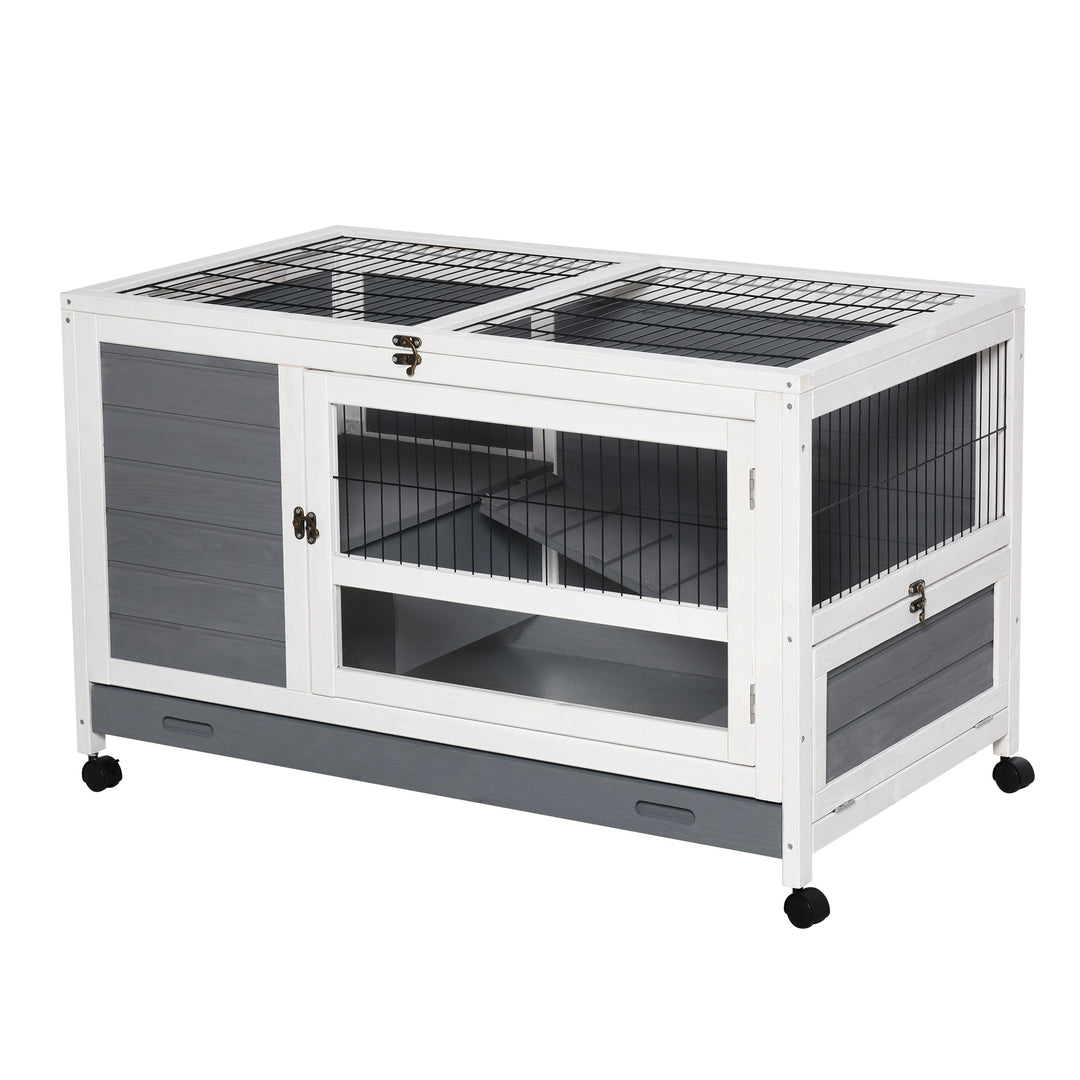 PawHut Wooden Guinea Pigs Hutches Elevated Pet Bunny House Rabbit Cage with Slide-Out Tray Indoor Grey | Aosom UK