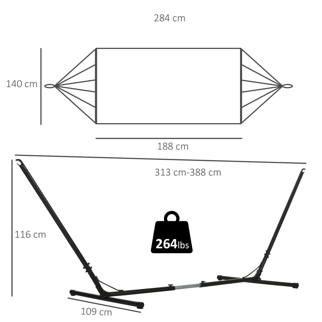 Outdoor Garden Hammock with Stand, Double Cotton Hammock with Adjustable Steel Frame, Swing Hanging Bed with Pillow, for Garden, Patio, Beach, Red Stripes