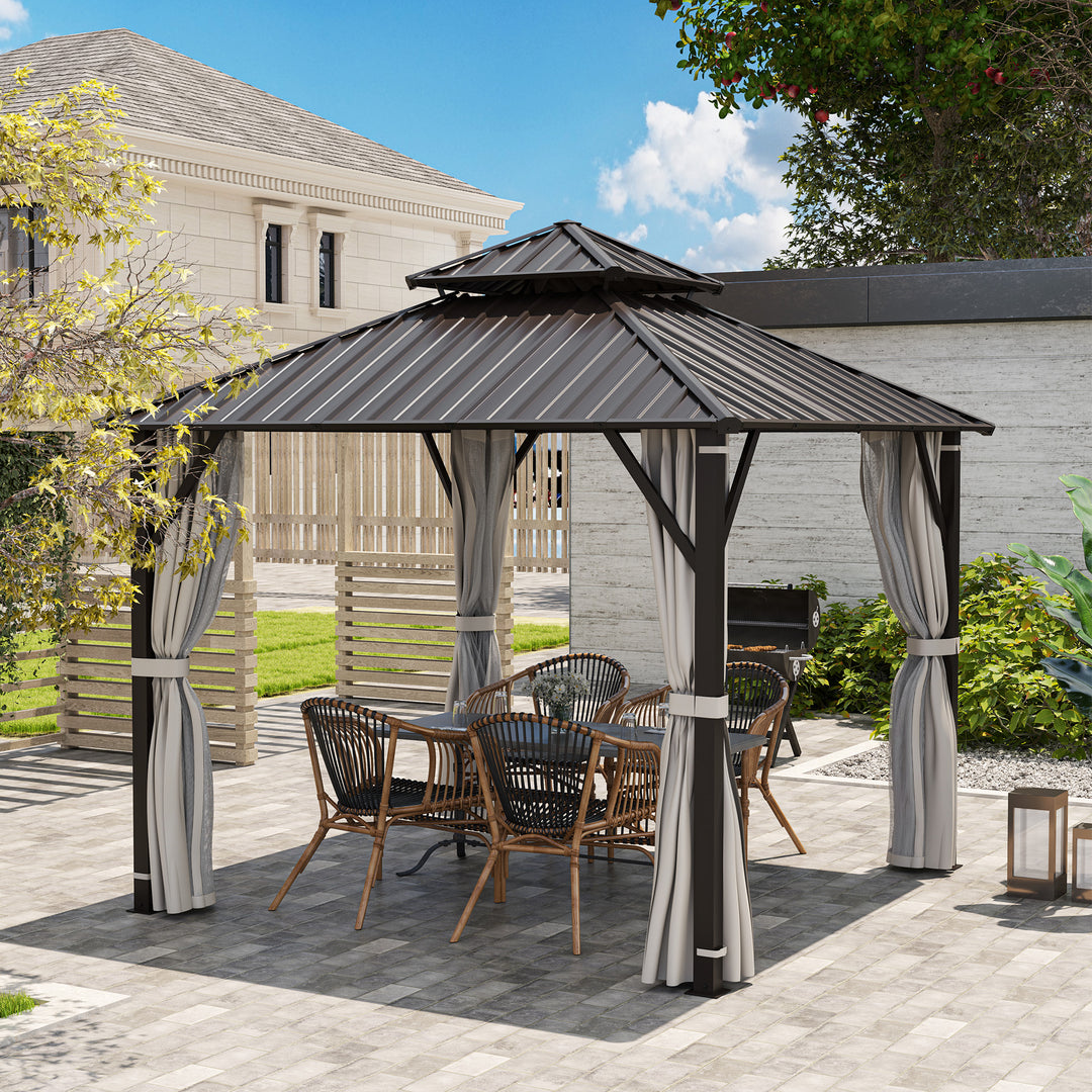 3 x 3(m) Hardtop Gazebo Canopy with Double Metal Roof, Waterproof Permanent Pavilion Garden Gazebo with Netting and Curtains, Easy to Assemble