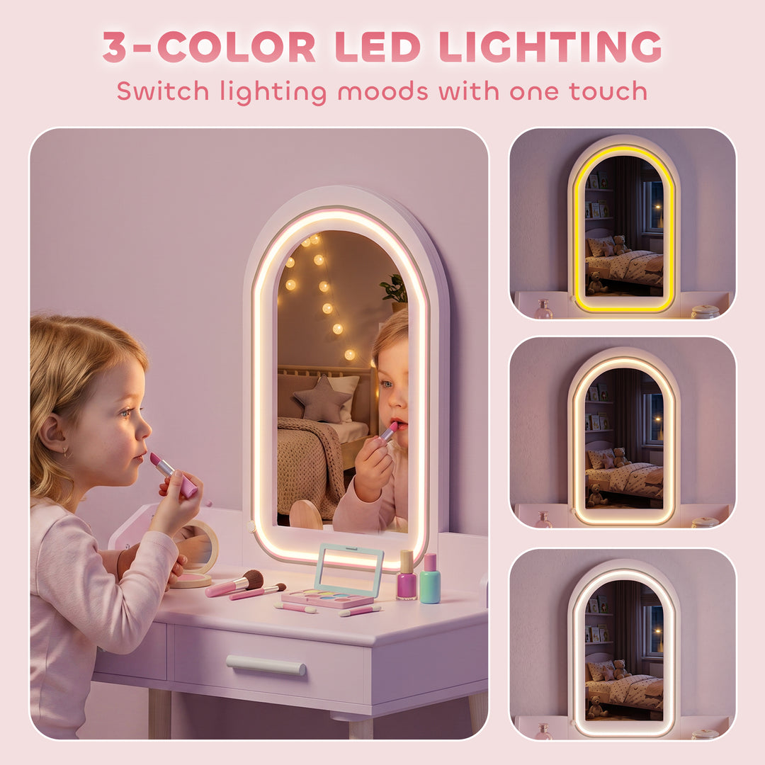 Kids Dressing Table, Girls Vanity Set with Stool, 3-Colour LED Lights 