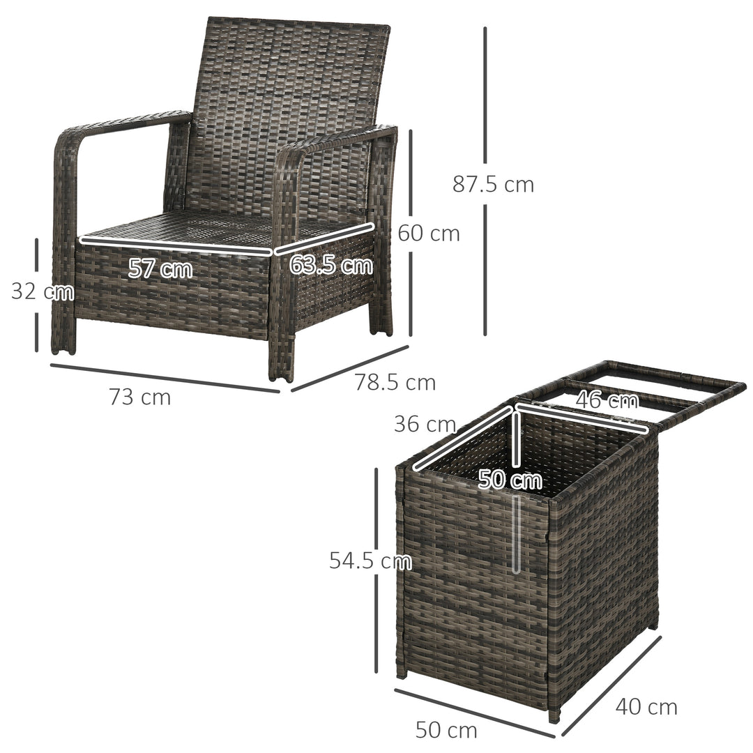3 Pieces Rattan Bistro Set, Wicker Garden Furniture Set with Storage Coffee Table and Chairs, Thickened Cushions for Outdoor, Patio, Balcony, Grey