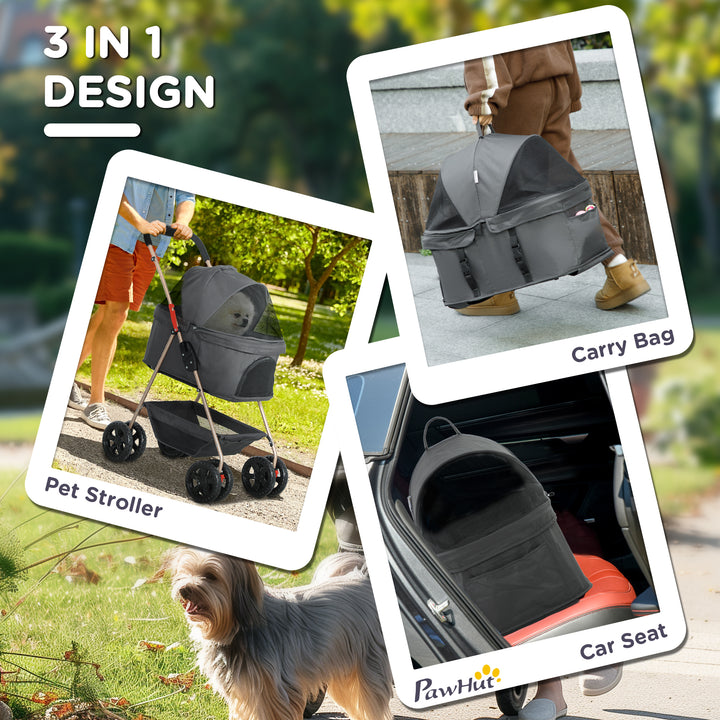 PawH 3-in-1 Pet Stroller, Folding Four-Wheel Dog Pram with Detachable Carrier for Mini Dogs, Cats, Grey