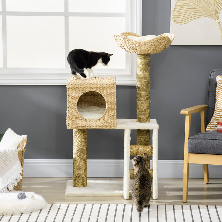 PawHut Cat Tree Tower, Indoor Activity Centre with Scratching Posts, House, Bed, Ladder, and Washable Cushions, Natural Finish | Aosom UK