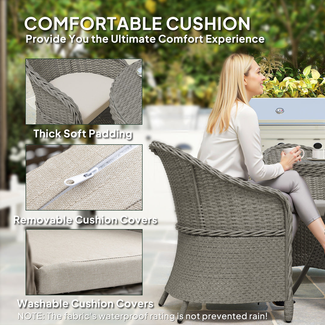 4 Seater Rattan Garden Furniture Set with Cushions, Round PE Rattan Dining Set with Glass-Top Table, Umbrella Hole, Outdoor Garden Table and Chairs, Grey