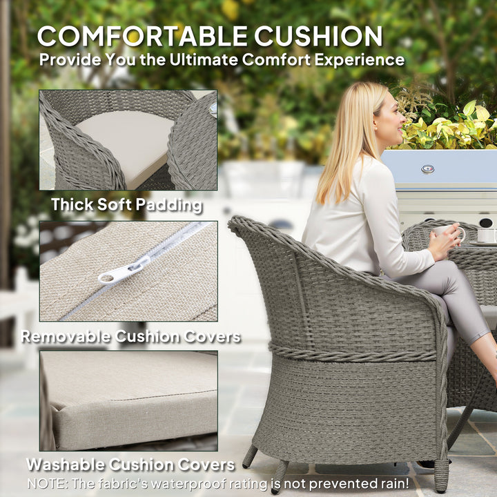 4 Seater Rattan Garden Furniture Set with Cushions, Round PE Rattan Dining Set with Glass-Top Table, Umbrella Hole, Outdoor Garden Table and Chairs, Grey