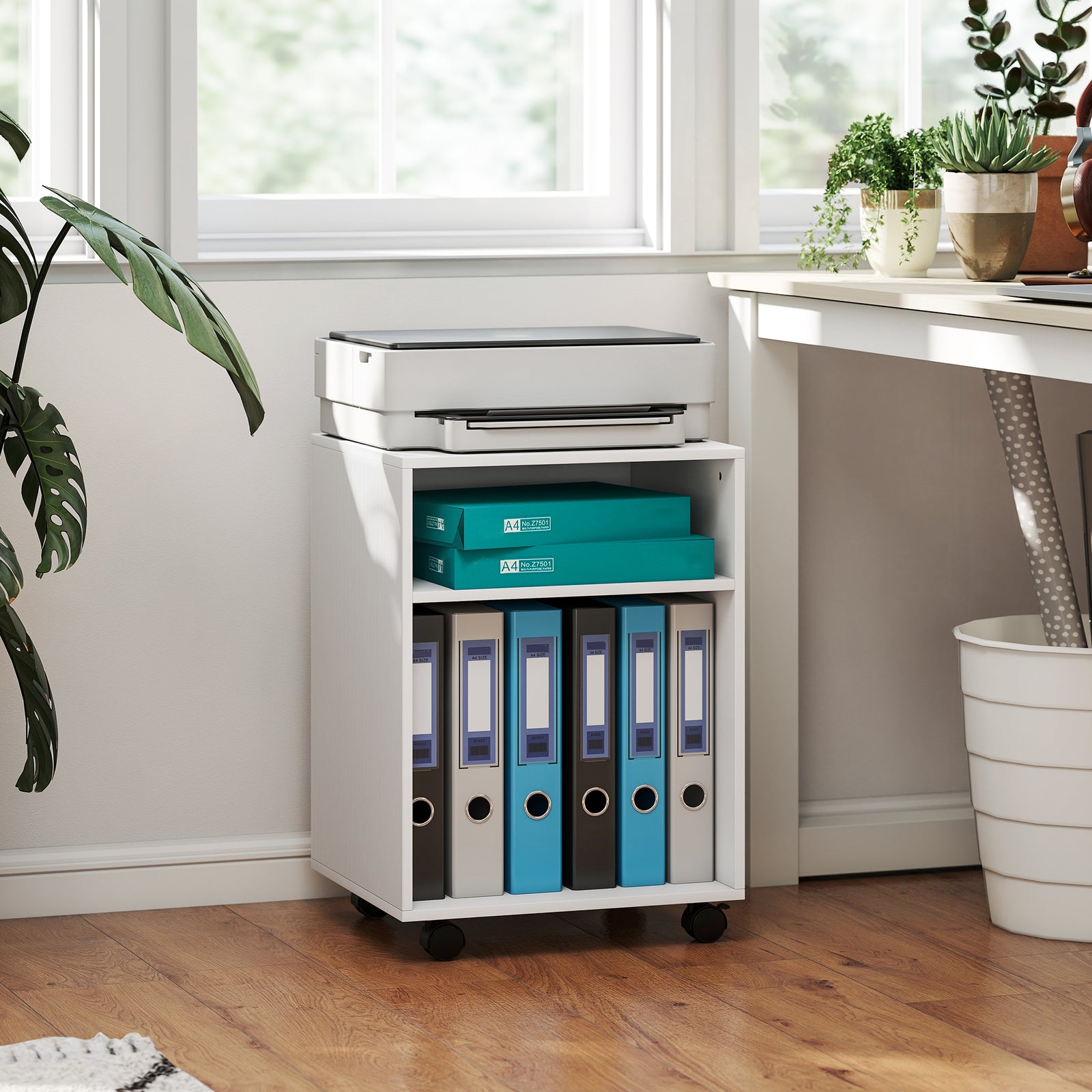 2-Tier Printer Stand with Storage, Under Desk Printer Cart on Wheels, 