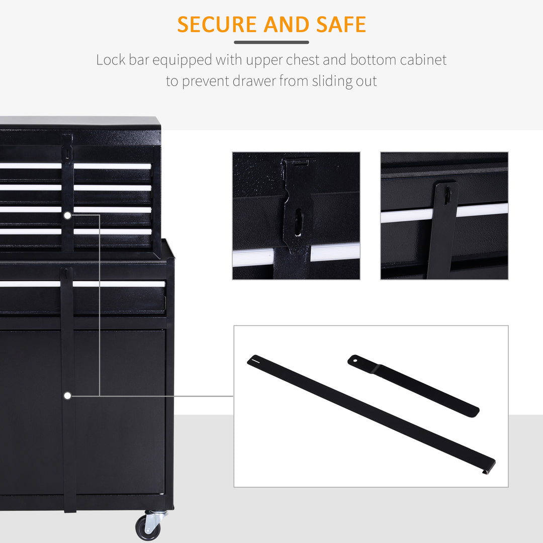 Tool Chest 2 in 1 Metal Tool Cabinet Storage Box with 5 Drawers Pegboard Wheels 60x28x104.5cm Black