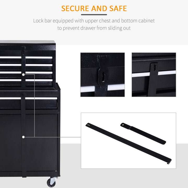 Tool Chest 2 in 1 Metal Tool Cabinet Storage Box with 5 Drawers Pegboard Wheels 60x28x104.5cm Black