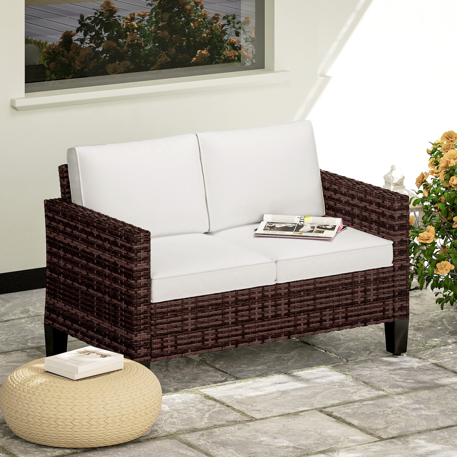 Two-Seater Rattan Outdoor Sofa - Brown