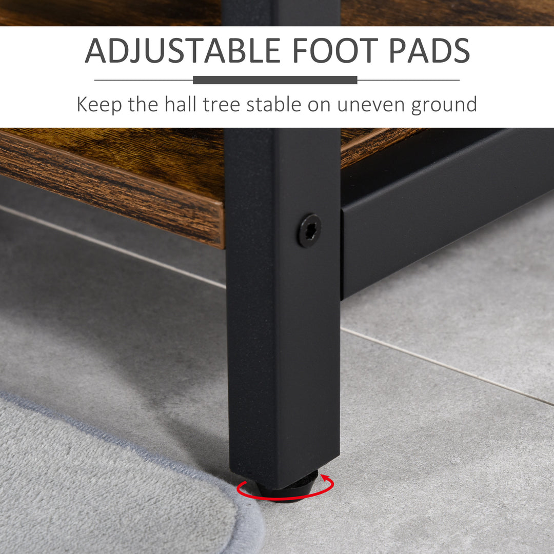 Coat Rack Stand, Free Standing Hall Tree, Coat Stand with Hooks, Bench and Shoe Rack, 100cm x 38.5cm x 185.5cm, Industrial Style, Rustic Brown and Black