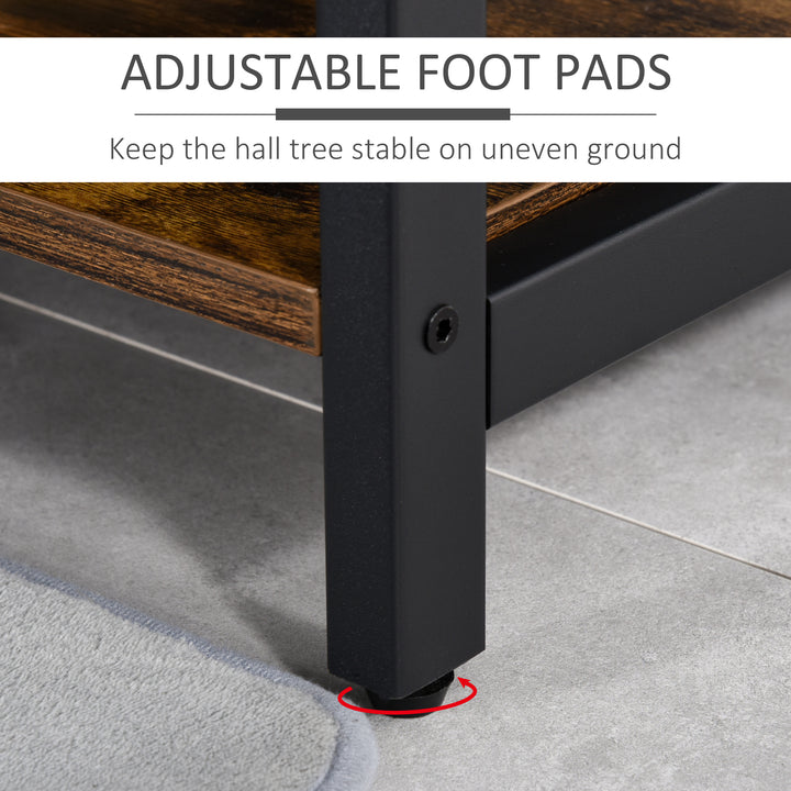 Coat Rack Stand, Free Standing Hall Tree, Coat Stand with Hooks, Bench and Shoe Rack, 100cm x 38.5cm x 185.5cm, Industrial Style, Rustic Brown and Black