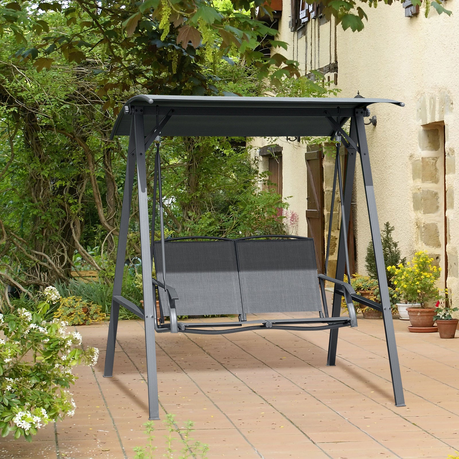 2 Seater Garden Swing Seat Swing Chair, Outdoor Canopy Swing Bench with Adjustable Shade, Metal Frame and Texteline Seat, Dark Grey