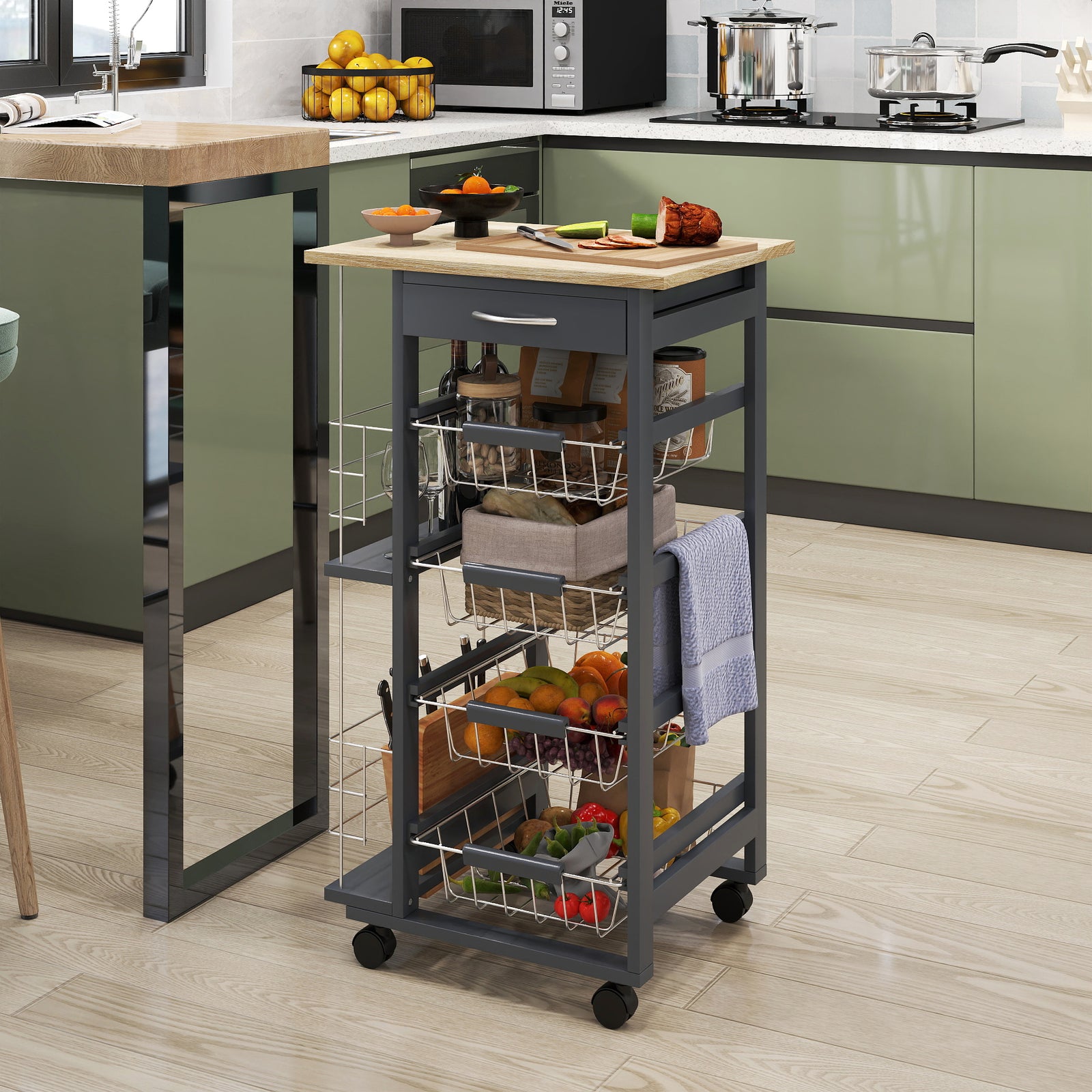 Rolling Kitchen Cart, Utility Storage Cart with 4 Basket Drawers & Side Racks, Wheels for Dining Room, Grey