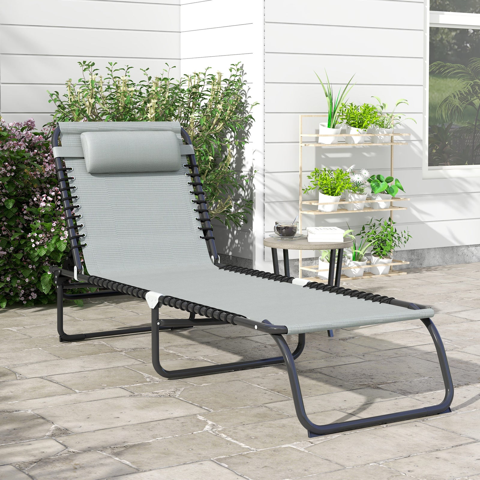 Folding Sun Lounger, with Four-Position Back - Light Grey