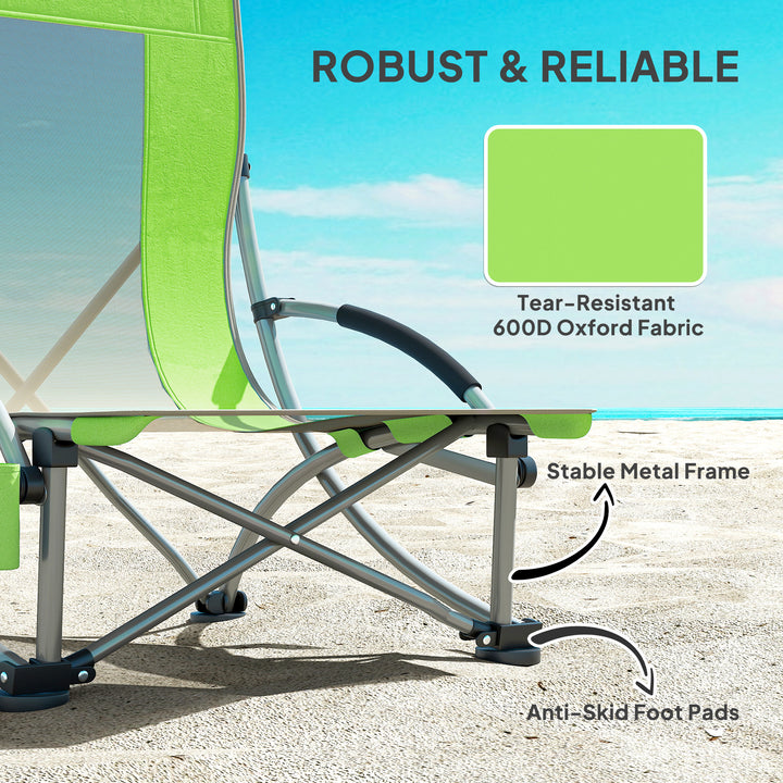 Set of 2 Folding Beach Chair, Low Camping Chair with Mesh Back, Carry Bag and Cup Holder for Garden Outdoor Picnic Festival Travel, Green