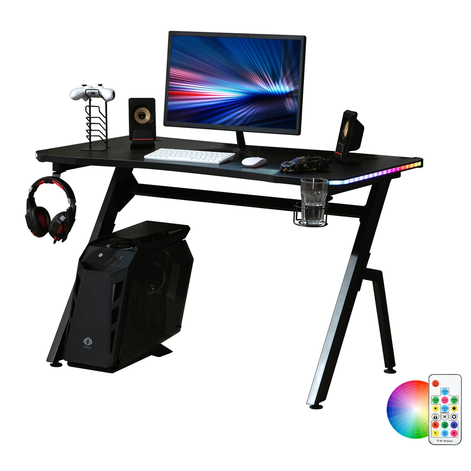 RGB 120 x 66cm Gaming Desk, Computer Table with Carbon Fibre Surface, Headphone Hook, Cup Holder, Controller Rack, Home Office Desk, Black