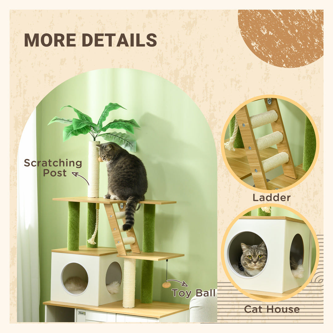 2-in-1 Hidden Cat Litter Box, Green Leaf Cat Tree, with House, Ladder, Scratching Posts, Platforms, Indoors -Oak