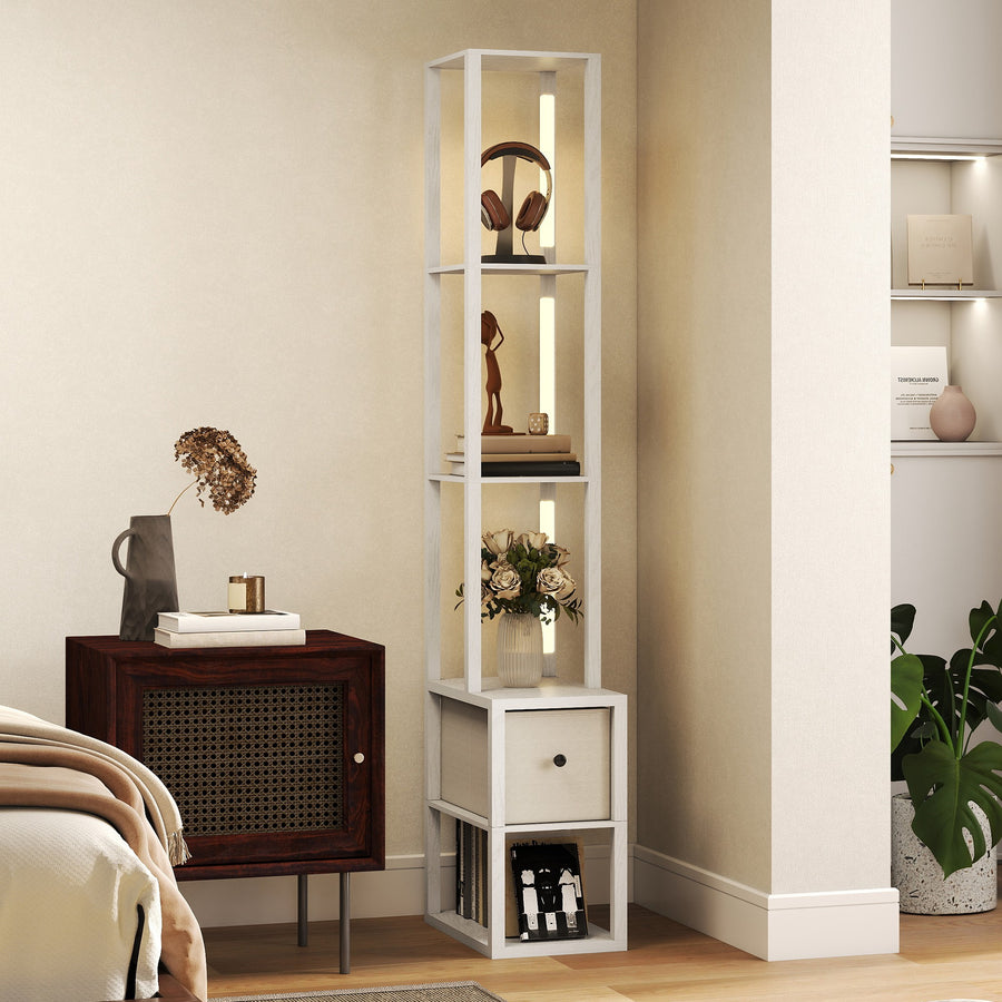 Floor Lamp with Shelves, LED Column Modern Standing Lamp with Fabric Drawer, Adjustable Brightness, Foot Switch for Living Room, Bedroom, Office, White