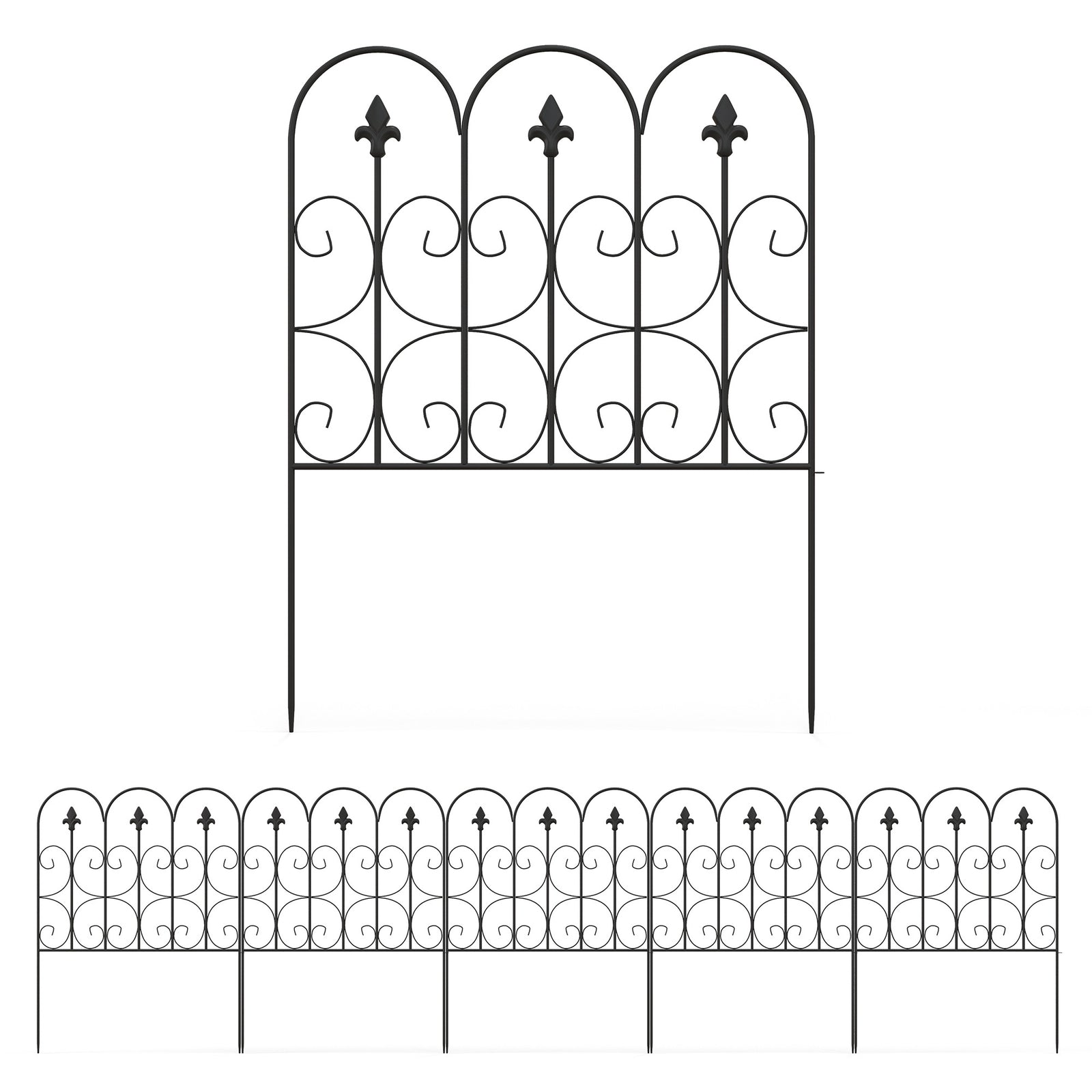 Decorative Garden Fencing, 83cm (H) x 3m (L) 5PCs Outdoor Picket Fence Panels, Rustproof Metal Wire Landscape Flower Bed Border Edging Animal Barrier, Black