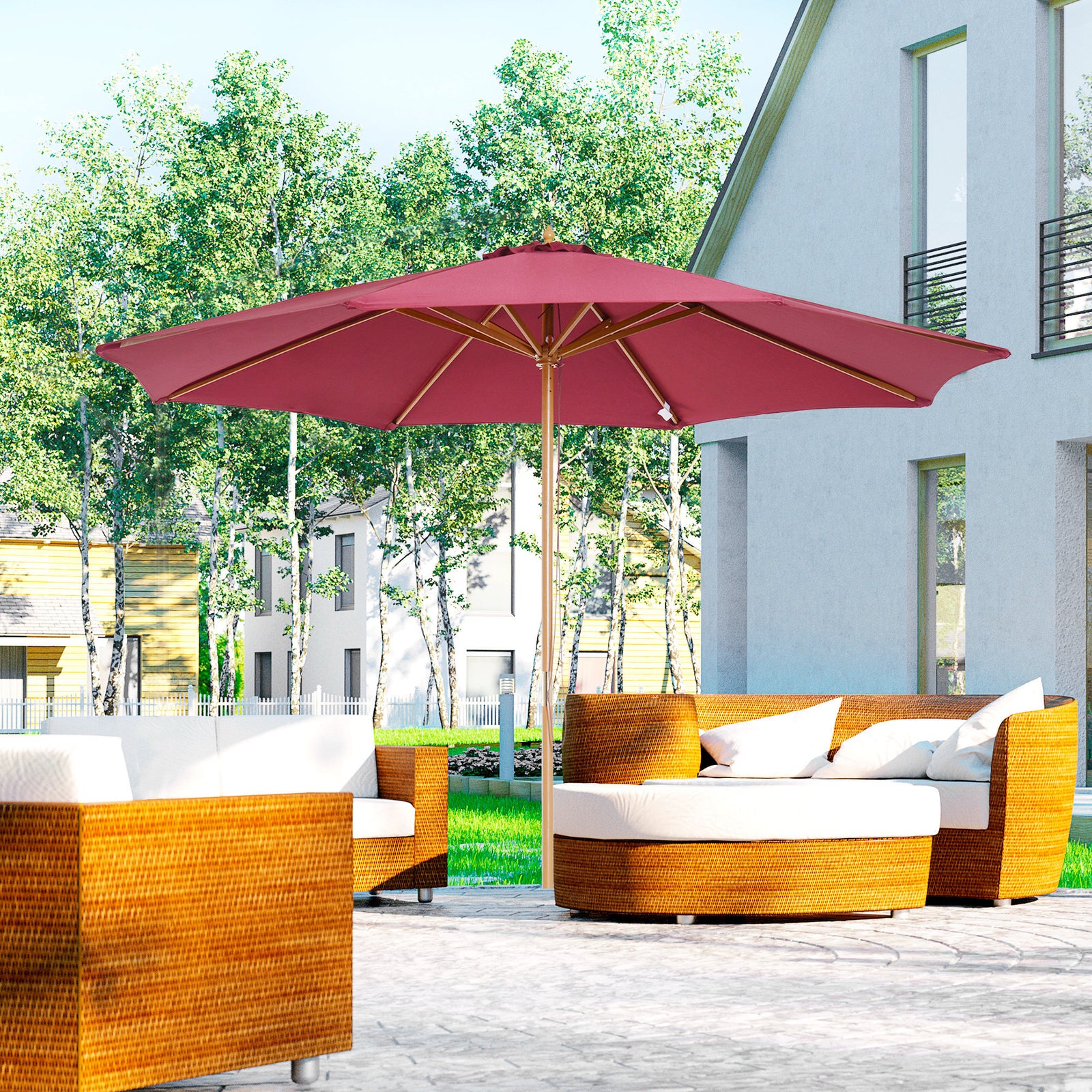 3(m) Garden Parasol, Pulley Operated Patio Umbrella, Wooden Table Market Umbrella with Rope Pulley Mechanism and 8 Ribs, Wine Red