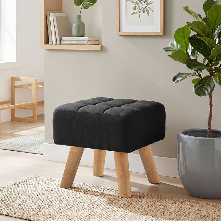 Linen-Look Square Padded Footstool - Black