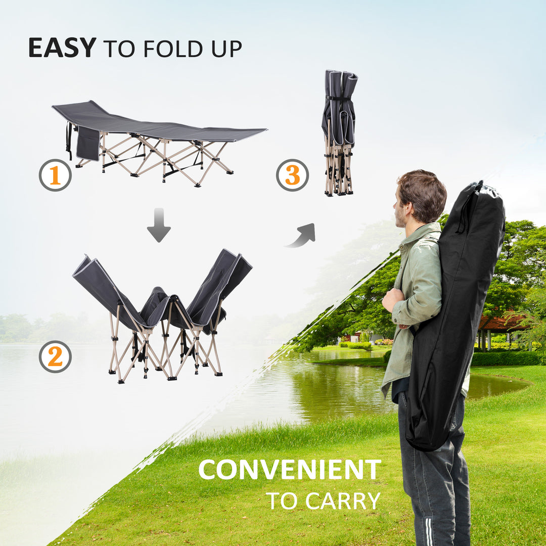 Single Steel Frame Portable Camping Cot, with Carry Bag - Grey