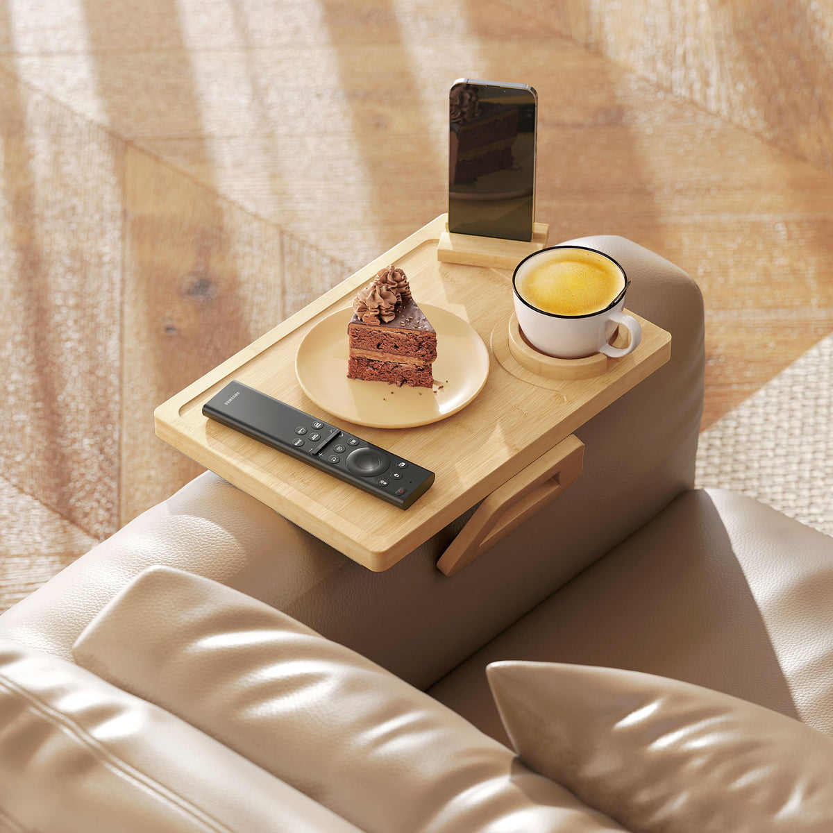 Anti-Slip Sofa Armrest Tray, Bamboo Sofa Arm Tray with 360° Phone Hold