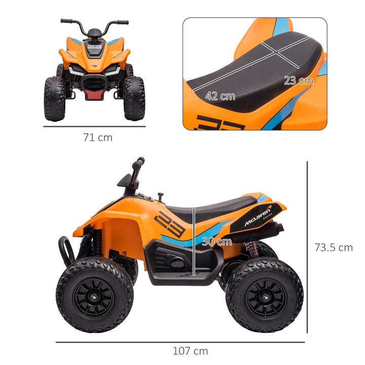 HOMCOM Mclaren Licensed 12V Quad Bike with Slow Start, Music, Headlights, MP3 Slot, Suspension Wheels, for 3-8 Years - Orange | Aosom UK