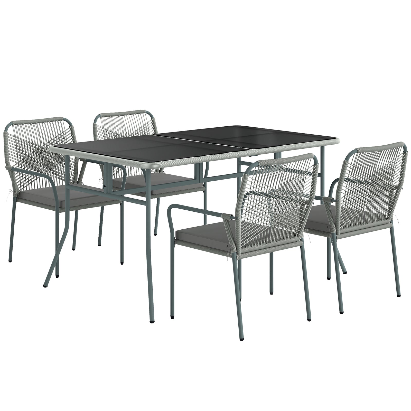 Five-Piece PE Rattan Garden Dining Set with Cushions & Stackable Chairs - Light Grey