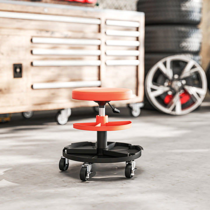Rolling Mechanic Stool, 135kg Capacity Workshop Stool, 360° Swivel Roller Padded Creeper Seat with Wheels, Tool Trays Storage for Garage, Shop, Auto Repair, Yellow