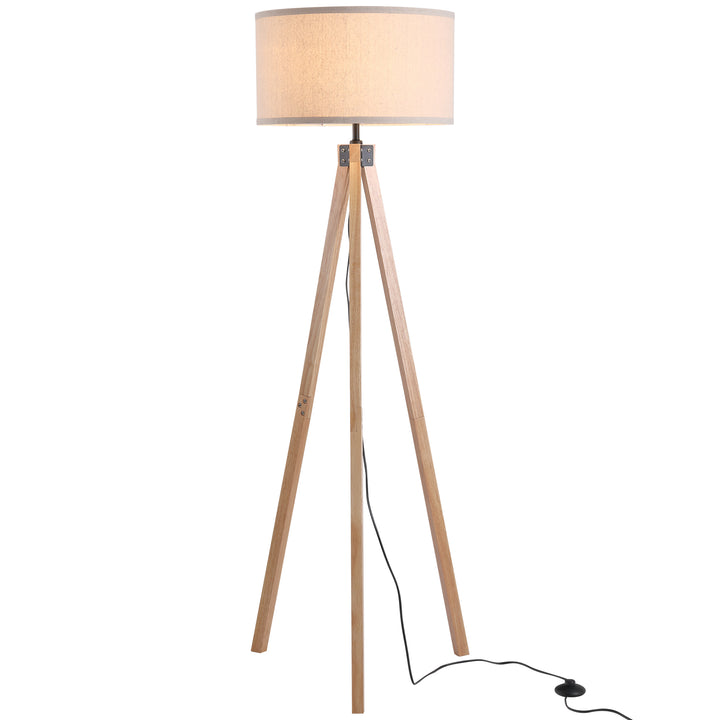 HOMCOM Floor Standing Lamp, Floor Lights with Cylinder Shaped Linen lampshade, Tripod-Style Wooden Base, Brown and Beige | Aosom UK