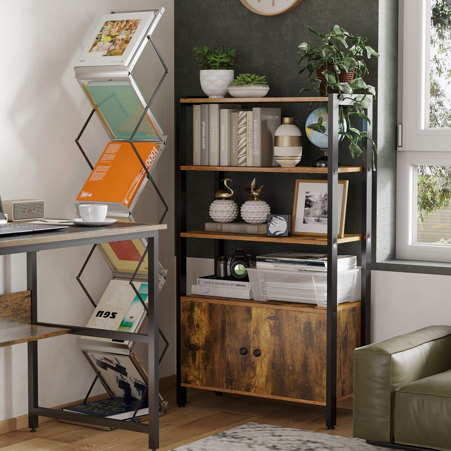 Industrial Bookshelf, Storage Cabinet with 3-Tier with Doors, for Home Office, Living Room Rustic Brown