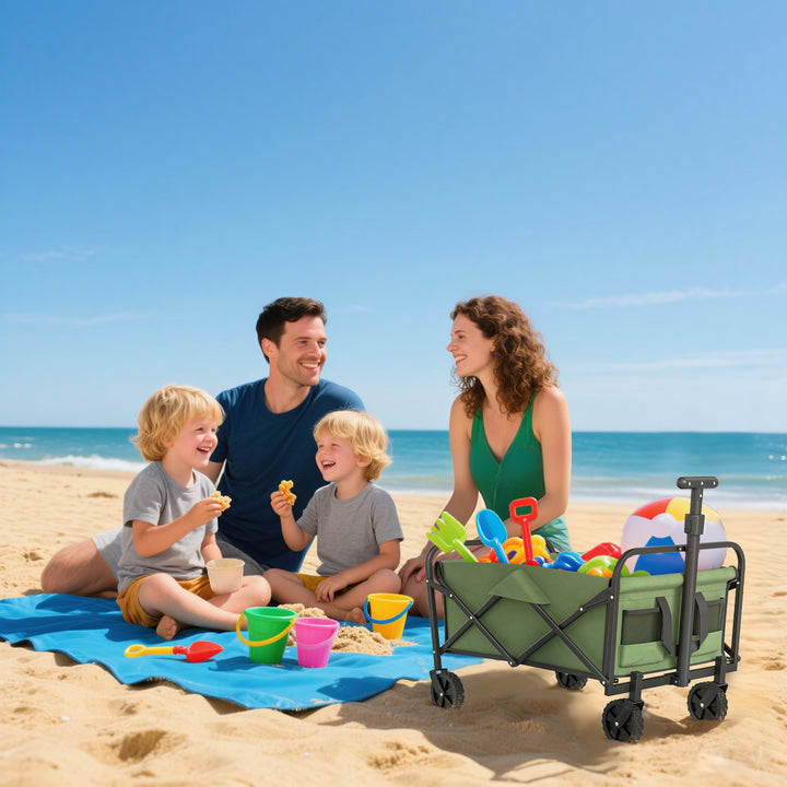 62L Festival Trolley on Wheels, Garden Folding Trolley Cart, 120kg Heavy Duty Collapsible Folding Wagon with Adjustable Handle and Carrying Bag for Beach, Camping, Festival, Green